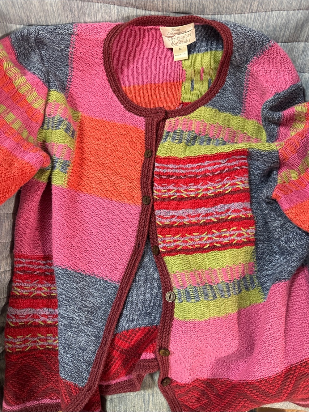 Christopher & Banks Colorblock Patchwork Cardigan in Pink, Red, Gray & Lime